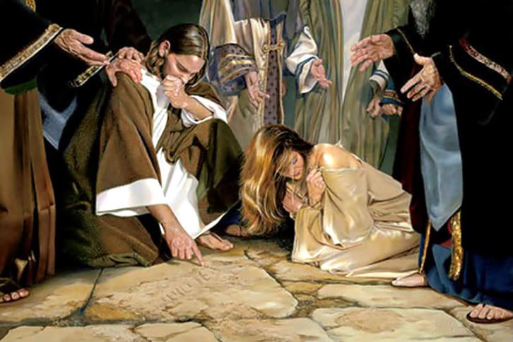 the woman caught in adultery falls before jesus photo: THE WOMAN CAUGHT IN ADULTERY FALLS BEFORE JESUS 1HETHATISWITHOUTSIN.jpg