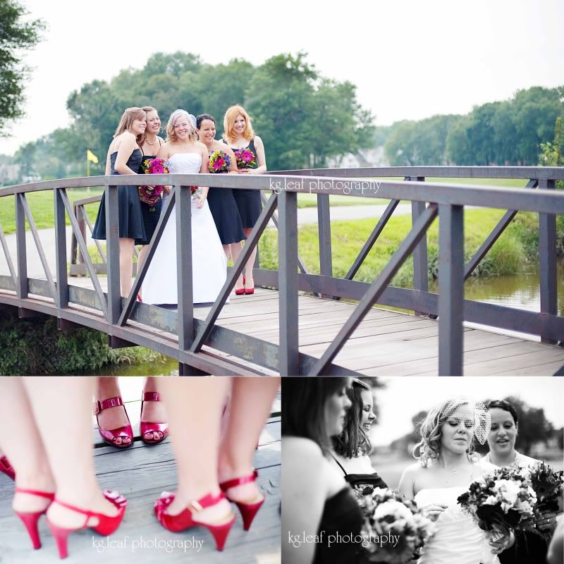 bride and bridesmaids on bridge