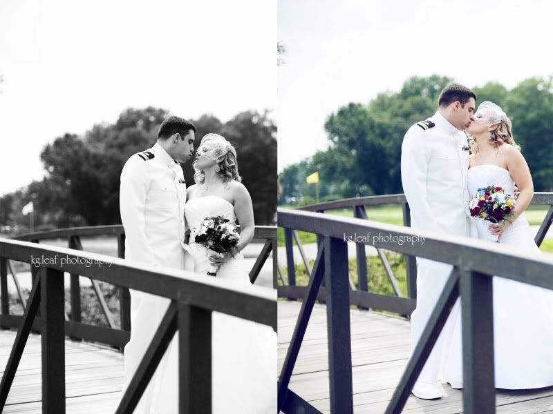 bride and groom on bridge